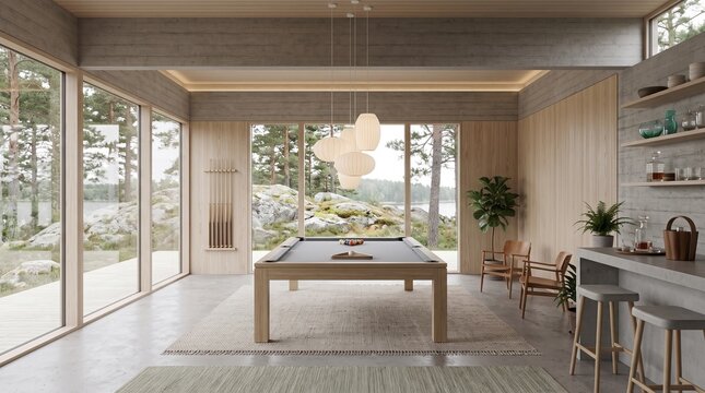Modern Swedish Interior with Pool Table and Lake View