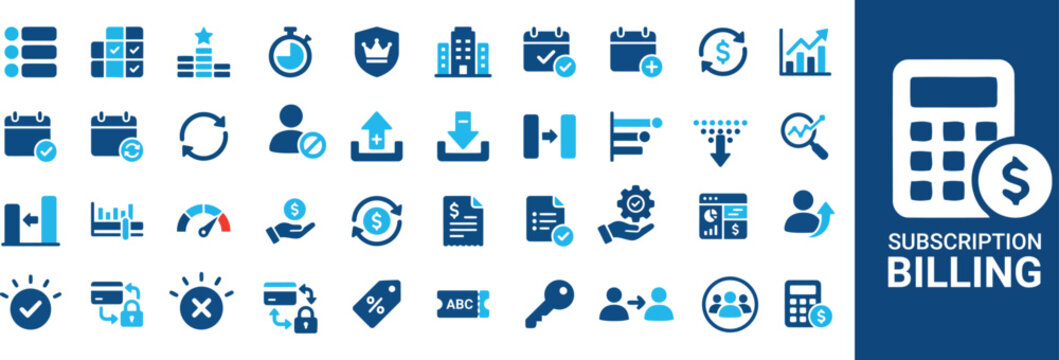 Subscription billing icon set featuring recurring payments, invoicing, customer management, digital transactions, payment renewal, finance, and billing symbols.