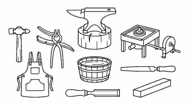 Black and white line art illustration of traditional blacksmith tools and equipment.