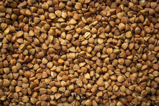Buckwheat seeds background texture. Raw brown buckwheat groats pattern for healthy eating, vegan food and organic agriculture concept, top view full frame.