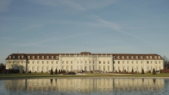 Panoramic winter view of Ludwigsburg Residential Palace in Germany, featuring its symmetrical Baroque facade