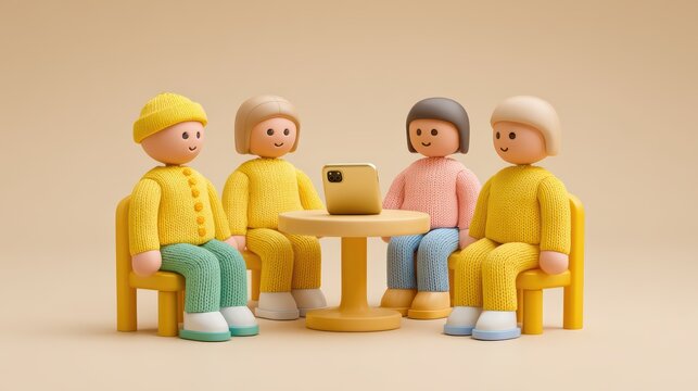 A group of stylized toy figures sitting around a table with a smartphone, representing a remote work video conference, digital communication, and team collaboration in a minimalist studio setting.