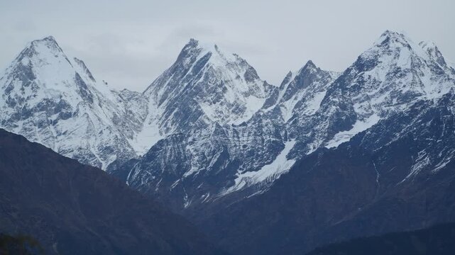 Cinematic Telephoto Pan Right To Left Across Three Massive Himalayan Peaks