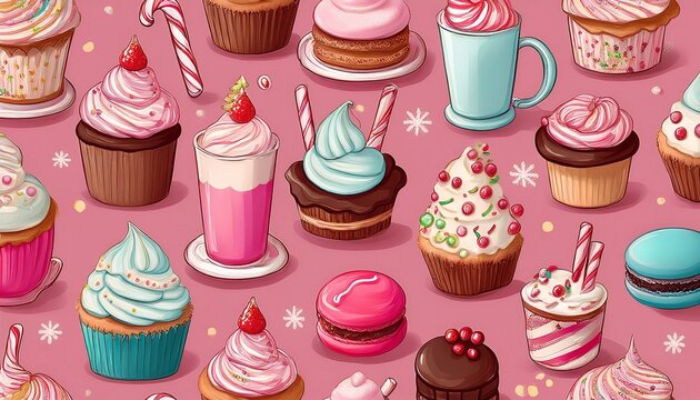 colorful sweet bakery pastry desserts seamless pattern on a pink background glaze and chocolate cupcakes candy cane cake milkshake hot cocoa and eclairs