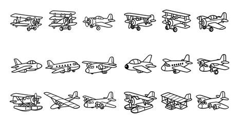 Aircraft and aviation design icons with biplane, jet and propeller plane for presentation design in minimal outline style © Olena