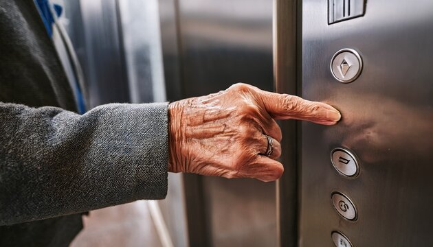 elderly hands using elevator buttons close up of elderly hands pressing elevator buttons symbolizing aging technology accessibility independence and modern living