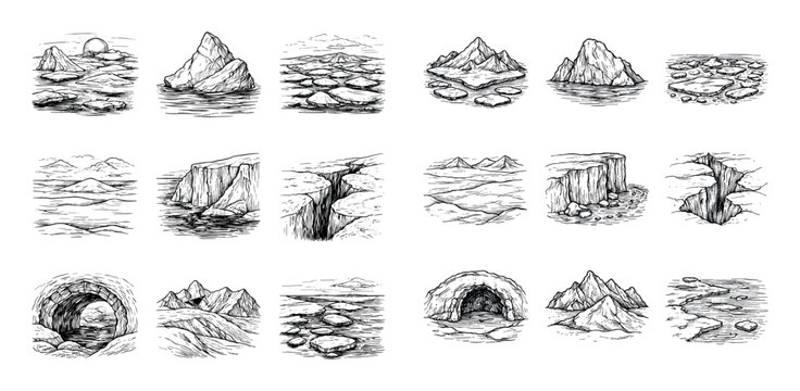 Nature and geology concept icons with mountain, cave, and cliff for environmental infographic in detailed hand drawn illustration