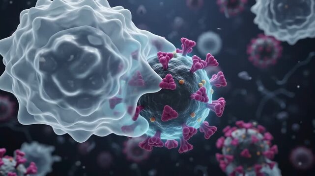 White blood cell engulfing a virus particle under microscope