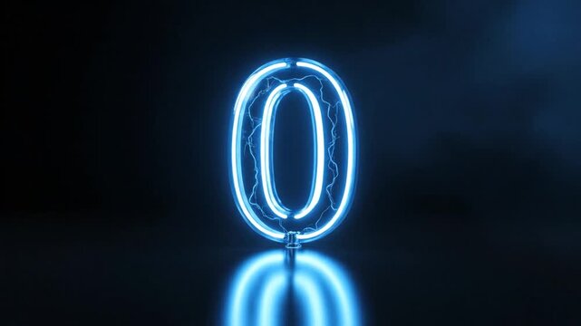 Glowing blue neon number zero with electric discharge effects