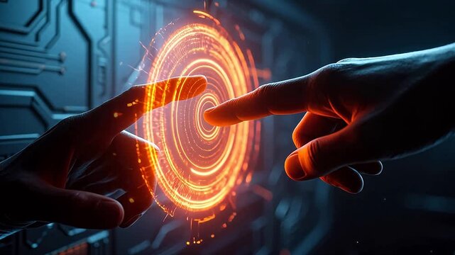 Fingers touching glowing orange holographic vortex