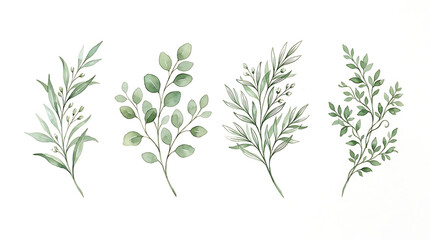 Fototapeta premium Four watercolor green leaf branches on white background 2