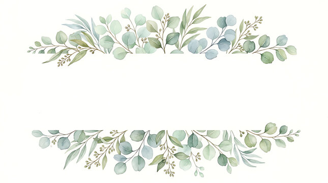 Watercolor eucalyptus branches border on white background 1