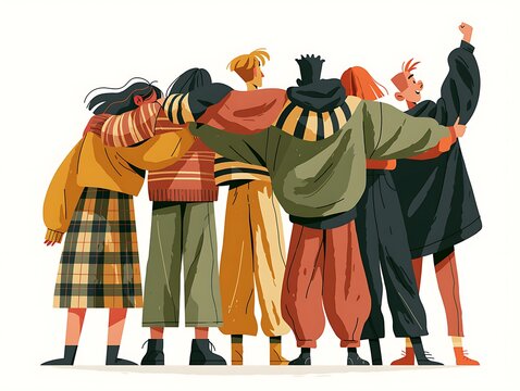 Diverse group of friends standing together. People hugging and showing unity and support.