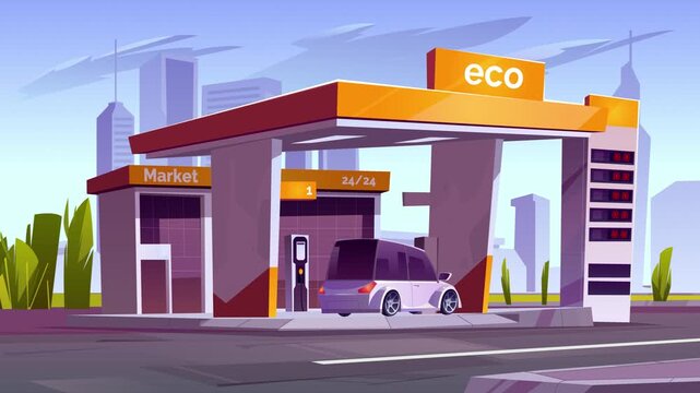 A car pulls up to a gas station. Vector cartoon animation in a flat art style