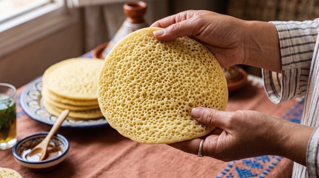 Close-up of hands holding a freshly made Moroccan msemen pancake, served with tea.