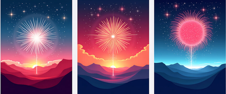 Vibrant fireworks burst across dark starry sky illuminating serene landscape celebration glowing lights paint sky.