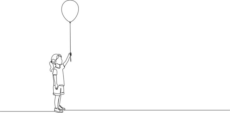 continuous line drawing of young girl standing and holding single balloon, minimalist line art vector illustration