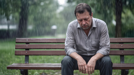 Obraz premium Despondent man sitting on wooden park bench during heavy rain. Solitary figure feeling grief and loneliness in public garden.