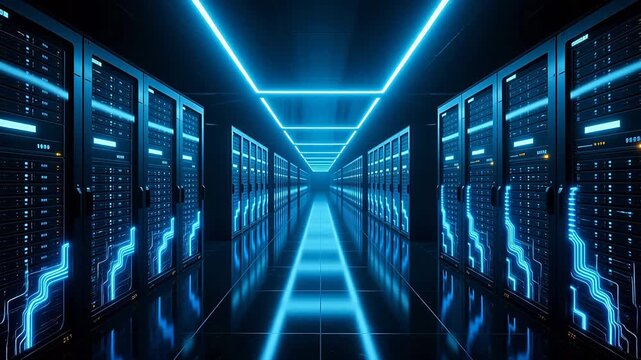 Neon blue data streams in a server room