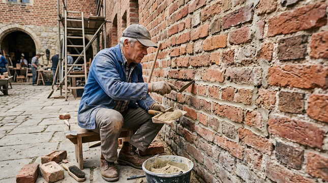 Mason restoring old brick wall with traditional craftsmanship preserving historic architecture detail