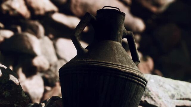 A clay pot is resting on a surface made of stones. The setting is dim with shadows. The pot shows signs of age and wear. Light highlights its features.