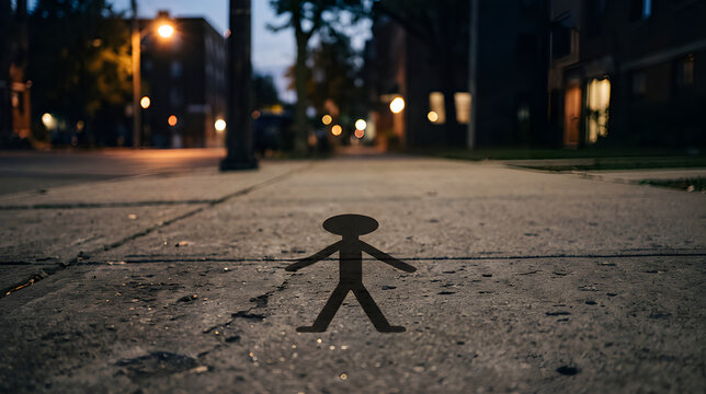 Loneliness on the Pavement: A solitary stick figure silhouette stands on a cracked pavement in an urban setting at dusk.