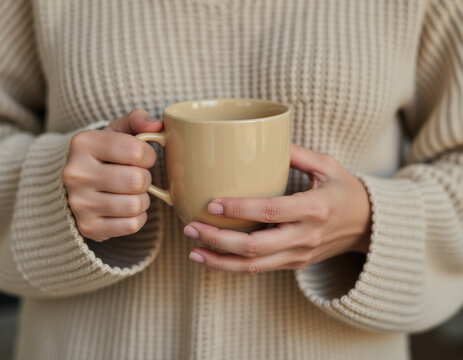 Close Up of Woman Hands Holding Beige Ceramic Coffee Mug Wearing Cozy Knit Sweater
