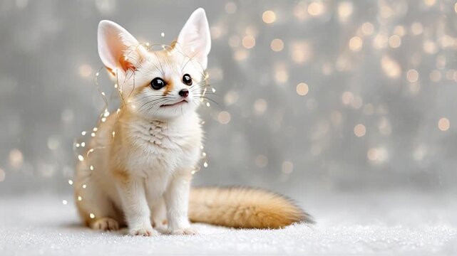 Cute fennec fox kit playing with sparkling lights in soft focus