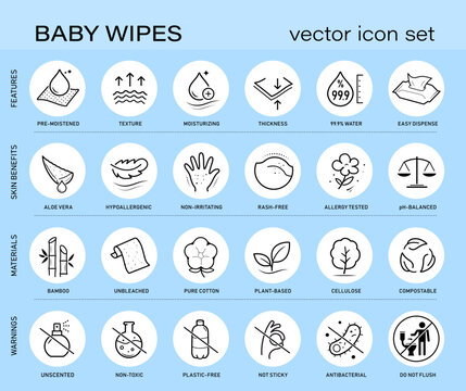Baby wet wipes vector icon set. The outline vector icons are well scalable and editable for packaging label design. Great for infographic for different backgrounds. EPS10.