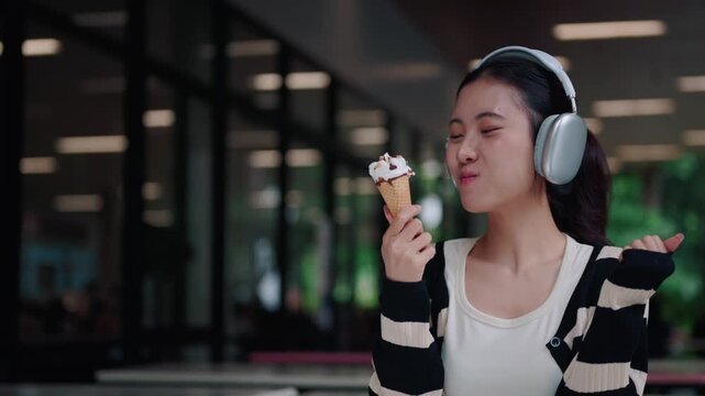 Young Asian University Student Eating Ice Cream Cone While Listening to Music with Headphones Outdoors