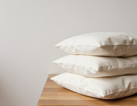 Stack of Three Blank White Canvas Throw Pillows Mockup Placed on Wooden Table Surface
