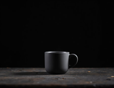 Blank Matte Black Ceramic Coffee Mug Mockup Placed on Dark Rustic Wooden Table with Black Background