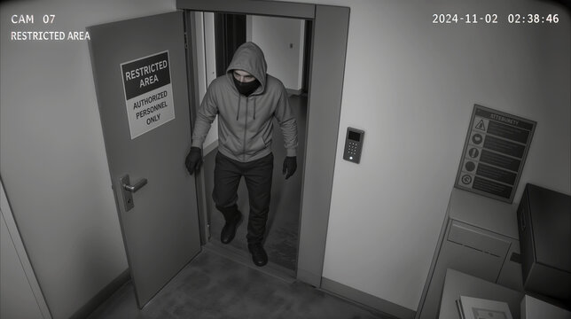 Burglar in hoodie and mask entering restricted area. CCTV footage of unauthorized access during night break-in at office building.
