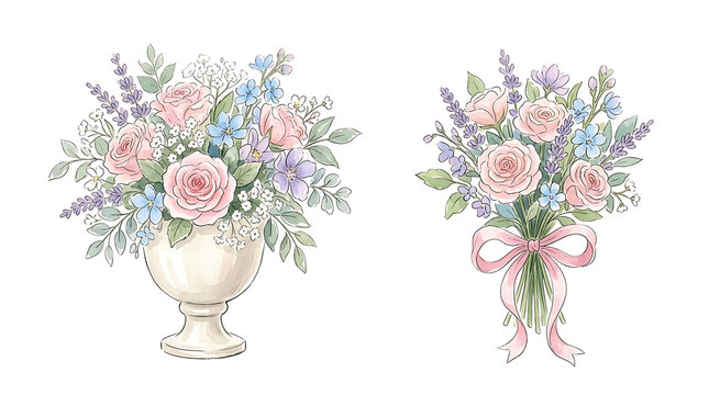 Pink rose bouquets in a vase and tied with ribbon flowers
