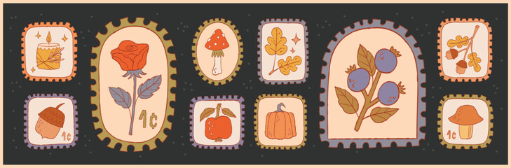 Aesthetic Cottagecore Autumn Postage Stamp Set. Cute sticker collection with rose, mushroom, pumpkin, acorn and berry for scrapbook, journal and fall design © Anna