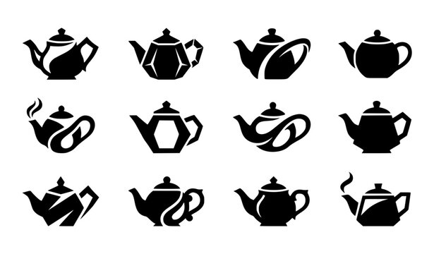 Modern abstract generic traditional teapot symbol vector clipart set with minimalist clean outline unbranded cafe brand tea kettle monogram and cosmic kitchenware logo graphics black and white
