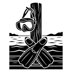 Snorkeling gear with crossed flippers mask dock and ocean scene © AnilChandra