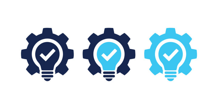 Lightbulb inside gear wheel solution checkmark icon set