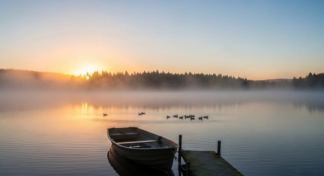 Rowboat dock sunrise landscape