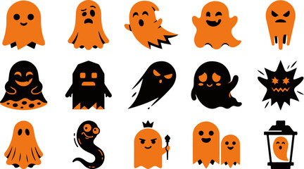 Fototapeta premium Silhouette of various Halloween ghosts and spooky characters in orange and black