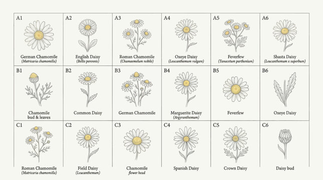 Botanical illustration collection of various chamomile and daisy flowers including German chamomile, English daisy, and Roman chamomile on white background in vintage scientific style