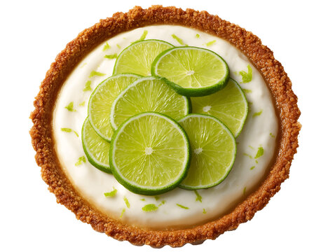 Classic Key lime pie with a buttery graham cracker crust, creamy citrus filling, and fresh lime slices, isolated on a white background.