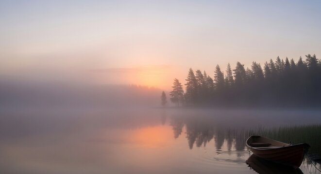 Rowboat on misty lake at sunrise
