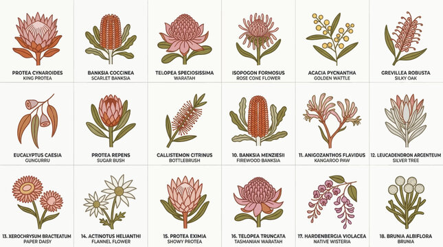 Botanical collection of various Australian native flora illustrations featuring Protea, Banksia, Acacia, Grevillea, and Eucalyptus species on a clean neutral background set