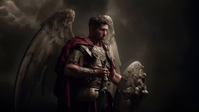 Fantasy, mysterious, wallpaper. A dramatic portrayal of a winged warrior, set against a stormy sky.