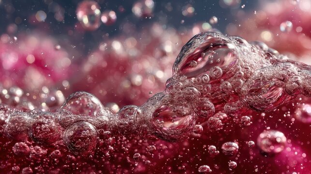 Close-up of fizzy bubbling red liquid with foam and bubbles creating a dynamic textured surface