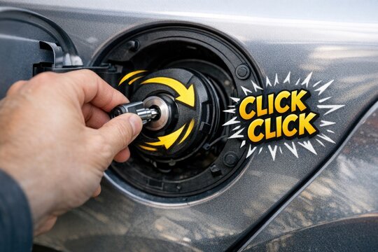 A person plugs in their electric car at a charging station with a Click Click sticker