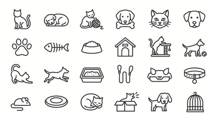 Fototapeta premium Animals and pet supplies are represented through a collection of linear icons showcasing various breeds, accessories, and care items for veterinary services or pet shop branding needs.