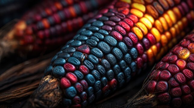 Close-up of colorful Indian corn with vibrant kernels in rich hues and detailed texture for autumn decoration