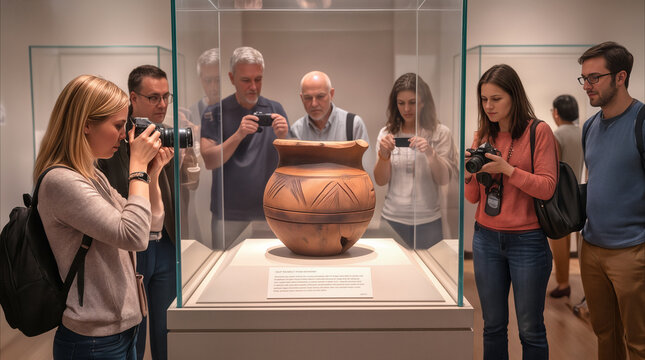 Museum visitors photographing ancient pottery in glass display case. Group of diverse people observing archaeological artifact in art gallery.